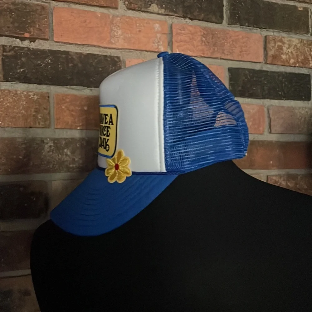 Blue and White Trucker‎ Hat with Floral Design